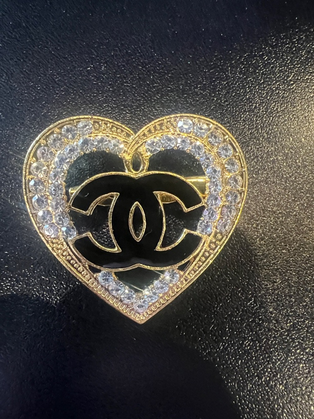 CHANEL Gold Heart Brooch with Black Enamel CC and Clear Crystals - Picture 2 of 7